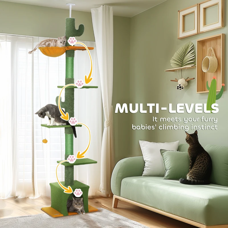 PawHut Floor to Ceiling Cat TreeTower with 90.5"-108" Adjustable Height, Scratching Posts, Hammock, Comdo, Toy Ball, Green