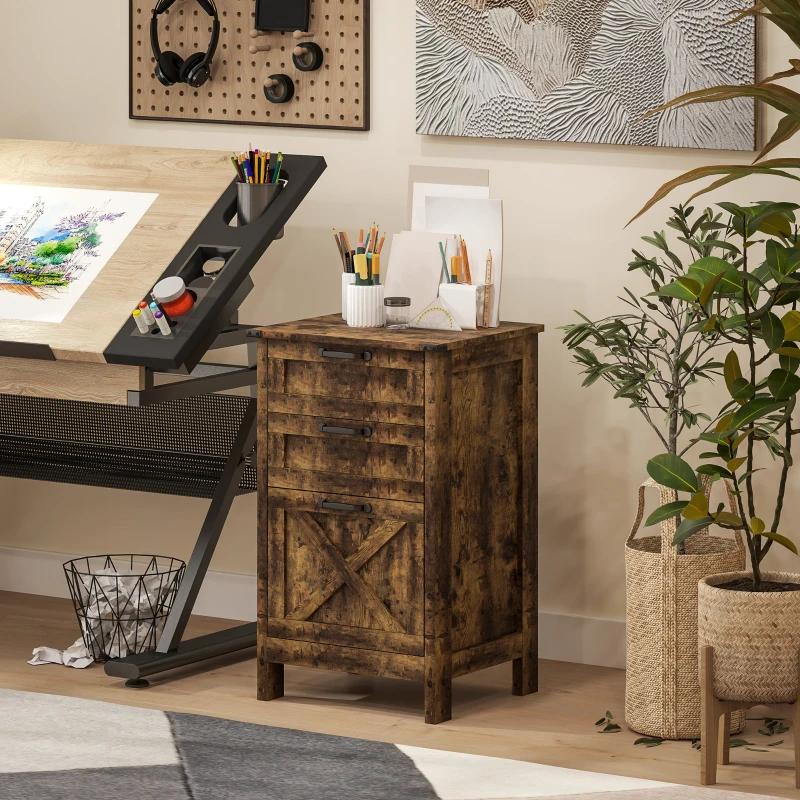 HOMCOM Vertical File Cabinet with 3 Drawers, Rustic Farmhouse Office Storage Cabinet for A4, Letter Size, Rustic Brown