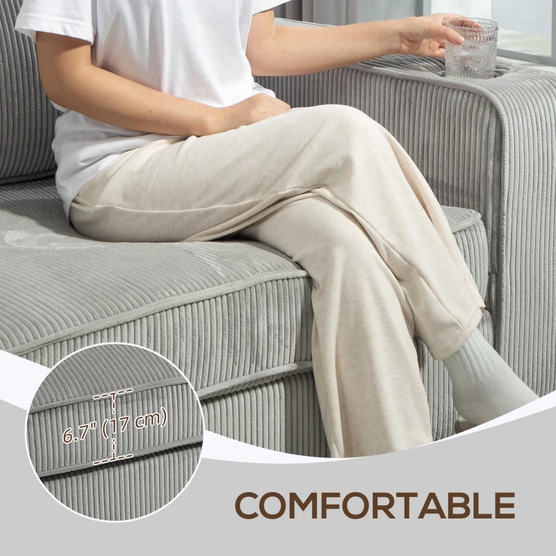 HOMCOM Three Seater Sofa, Fabric 3 Seater Couch with Spring Cushion and Cup Holders for Living Room, Bedroom, Light Grey