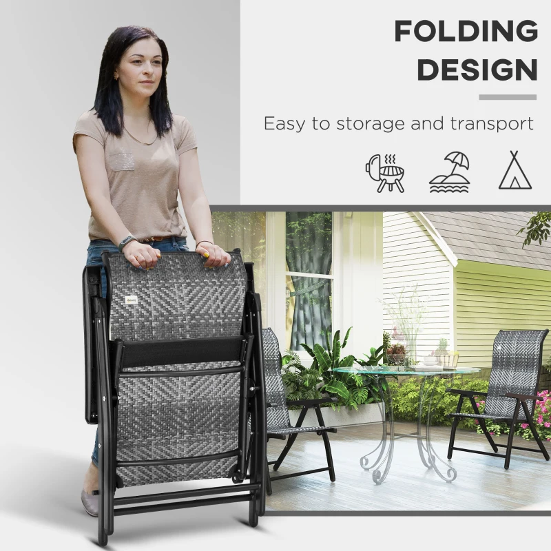 Outsunny 2PCs Outdoor Wicker Folding Chairs with Adjustable Backrest, Mixed Grey