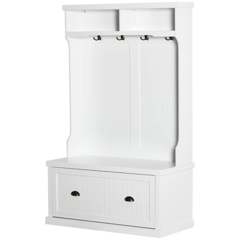 HOMCOM Entryway Bench with Coat Rack, 4 Double Hooks and 2 Compartments, Hall Tree with Bench and Shoe Storage for Hallway, Living Room, White