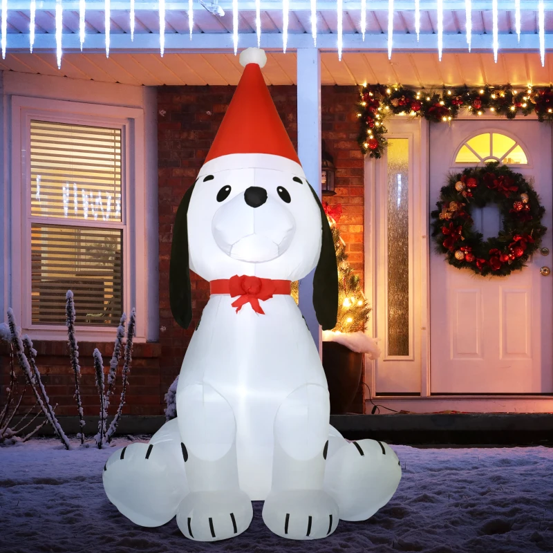HOMCOM 6ft Christmas Inflatables Outdoor Decorations Puppy Dog Wearing a Santa Hat, Blow-Up Yard Christmas Decor with LED Lights Display