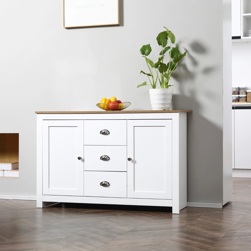 HOMCOM Kitchen Sideboard with Adjustable Shelves, Dining Buffet Cabinet with 3 Storage Drawers, White