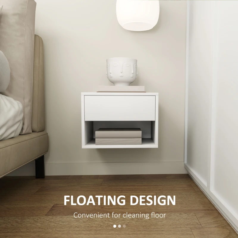 HOMCOM Floating Nightstand Set of 2, Wall Mounted Bedside Table with Drawer for Bedroom, White