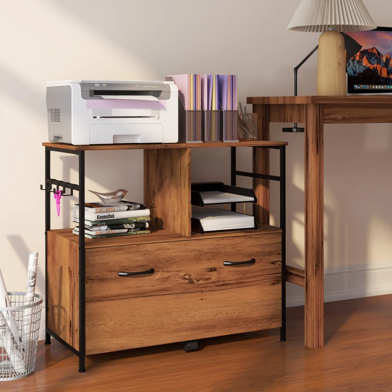 Vinsetto Vertical Filing Cabinet, File Cabinet with Hanging Bars for A4/Letter/Legal Size, Drawer, 2 Open Shelves and 8 Hooks, Industrial Printer Stand for Home Office, Rustic Brown
