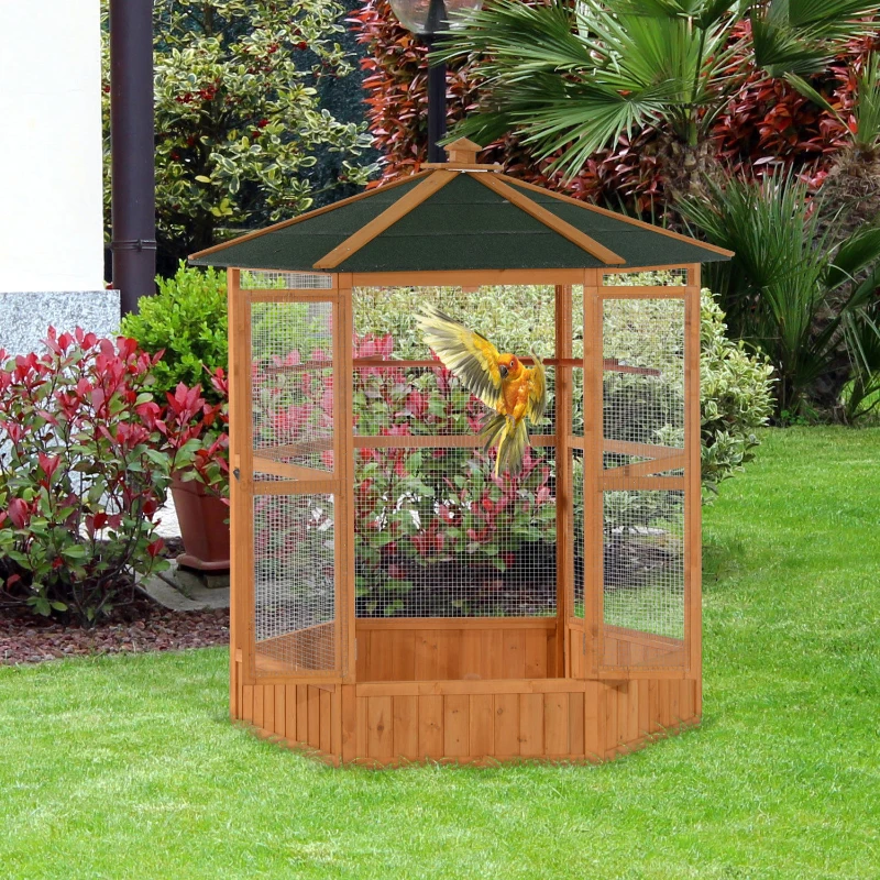 PawHut 69" Wooden Hexagonal Outdoor Aviary Flight Bird Cage With Covered Roof, Brown(m-10)