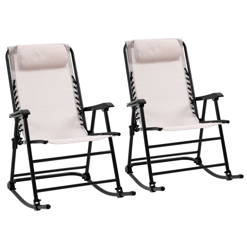Outsunny 2pc Patio Foldable Rocking Chair Set w/ Breathable Mesh Seat & Backrest, Padded Headrest for Park, Backyard, Garden, Cream White