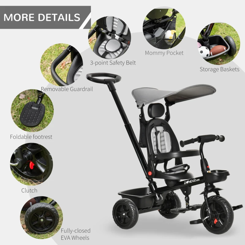 Qaba Kids Tricycle 4 In 1 Trike with Reversible Angle Adjustable Seat Removable Handle Canopy Handrail Belt Storage Footrest Brake Clutch for 1-5 Years Old Grey