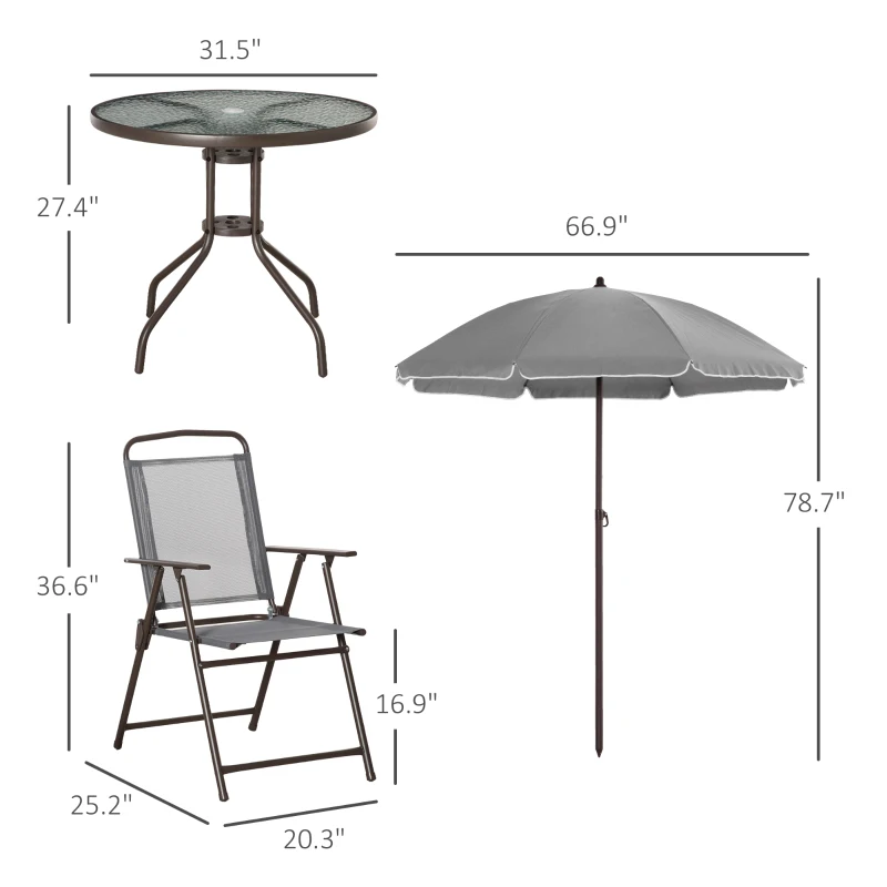 Outsunny 6 Piece Patio Dining Set for 4 with Umbrella, with 4 Folding Dining Chairs & Round Glass Table for Garden, Gray