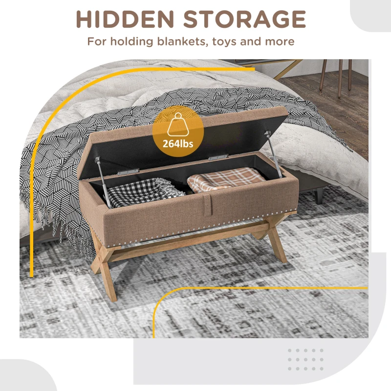 HOMCOM Upholstered Bedroom Bench, End of Bed Bench, Ottoman with Wood Legs, 35.75"W x 16.25"D x 19.75"H, Brown