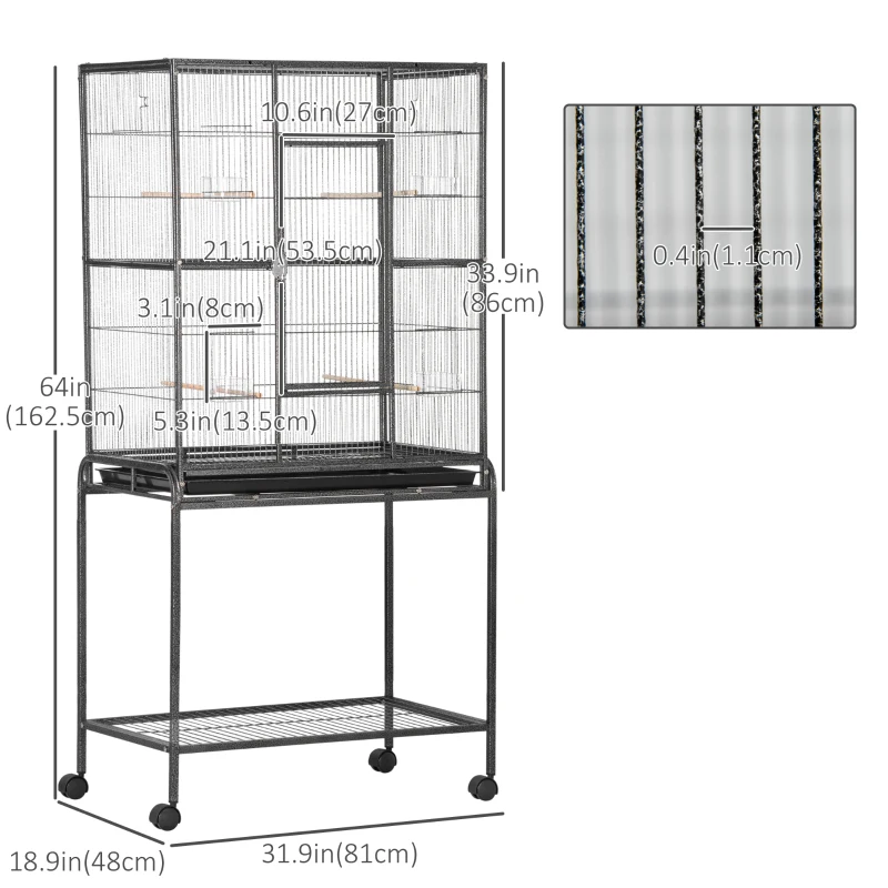 PawHut 30'' Large Rolling Metal Bird Cage Bird House with Detachable Rolling Stand, Storage Shelf, Wood Perch Food Container - Black