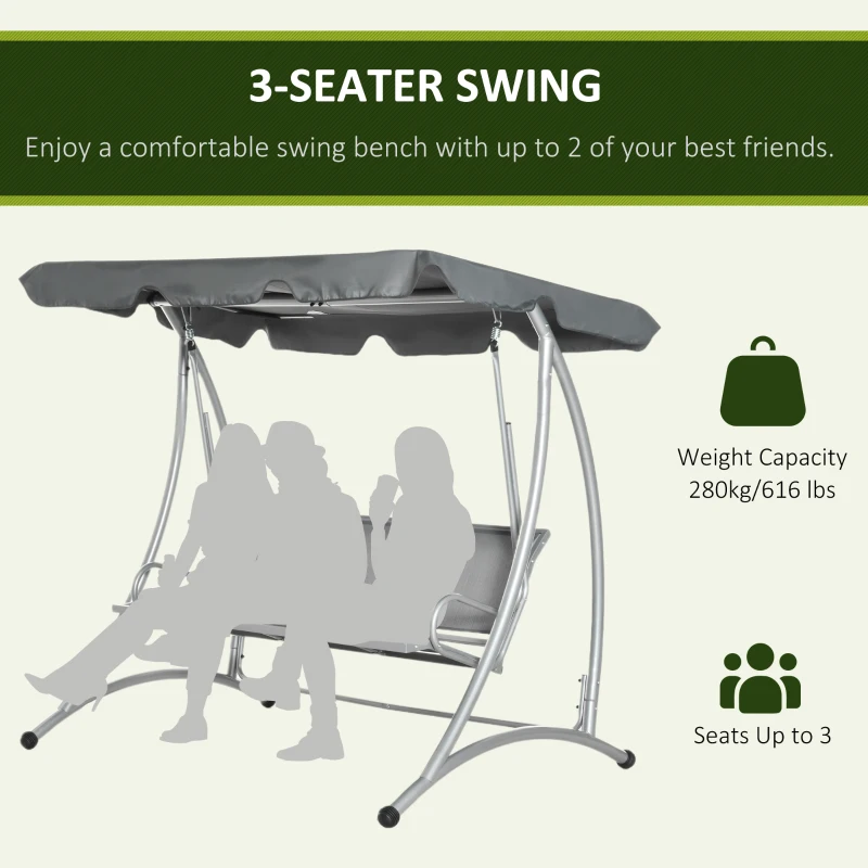 Outsunny 3-Seat Outdoor Porch Swing Chair, Patio Swing Glider with Adjustable Canopy, Breathable Seat, and Steel Frame for Garden, Poolside, Backyard, Gray