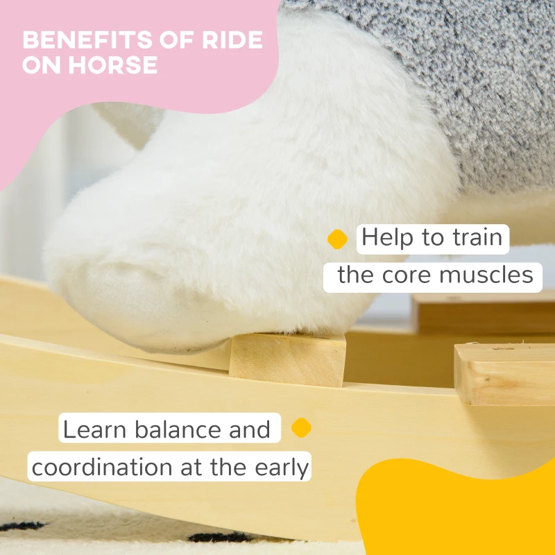 Qaba Baby Rocking Horse, Plush Animal Rocker for Toddlers Aged 18-36 Months, Stuffed Ride Toy with Sounds, Seat Belt, Grey