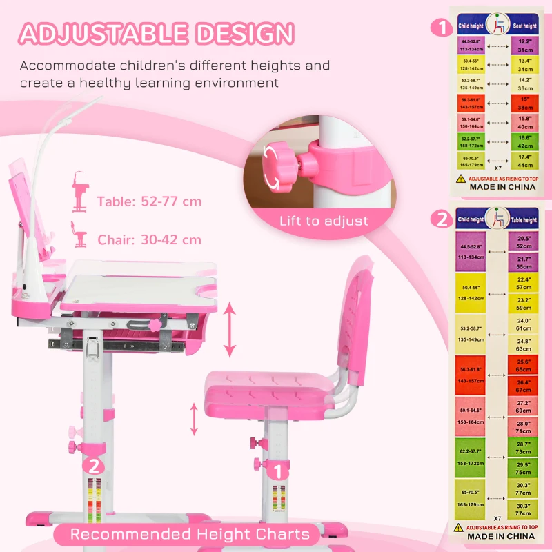 Qaba Kids Desk and Chair Set Height Adjustable Student Writing Desk Children School Study Table with Tilt Desktop, LED Lamp, Pen Box, Drawer, Reading Board, Cup Holder, Pink