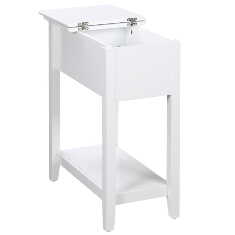 HOMCOM Flip Top End Table, Side Table with Storage Shelf and Cable Management, Narrow Nightstand for Living Room, Bedroom, White