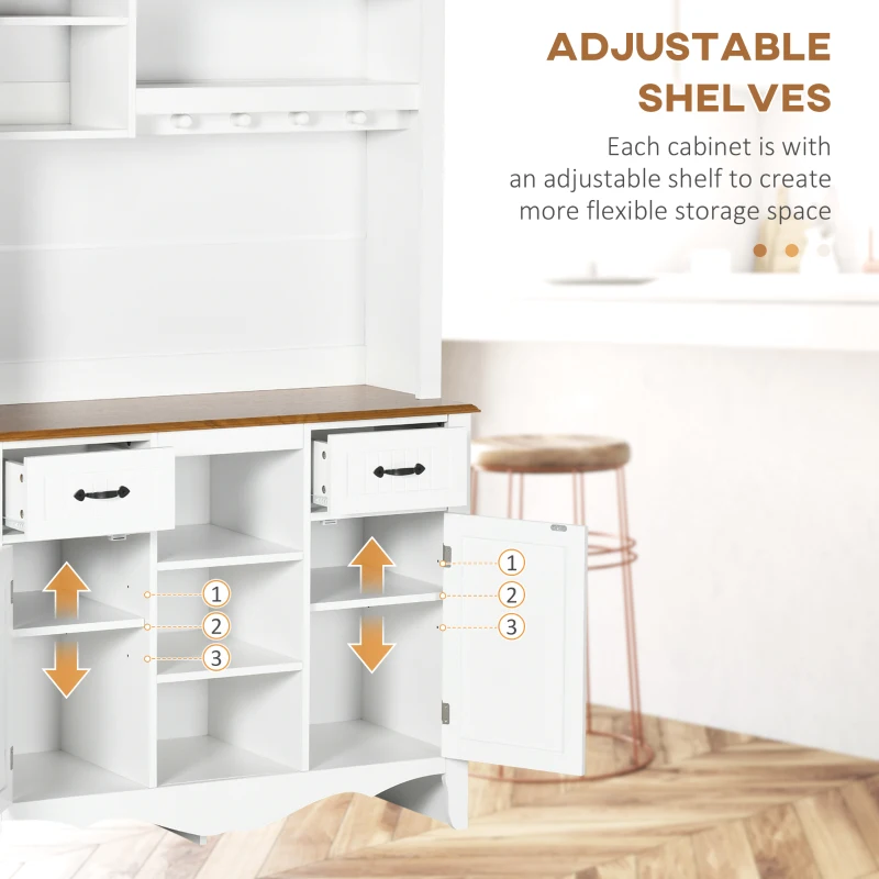 HOMCOM Farmhouse 71" Kitchen Buffet with Hutch, Storage Cabinet with Drawers and Shelves, White