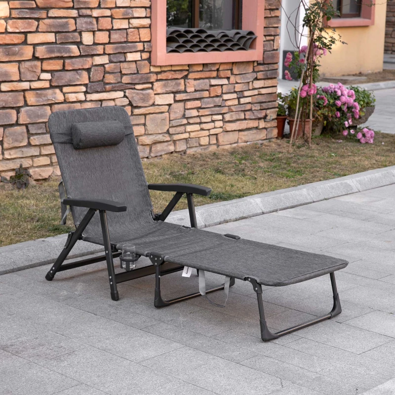 Outsunny Outdoor Folding Lounge Chaise Chair, Pool Chair with Adjustable Backrest, Pillow and Cup Holder for Poolside, Deck, Lawn, Gray