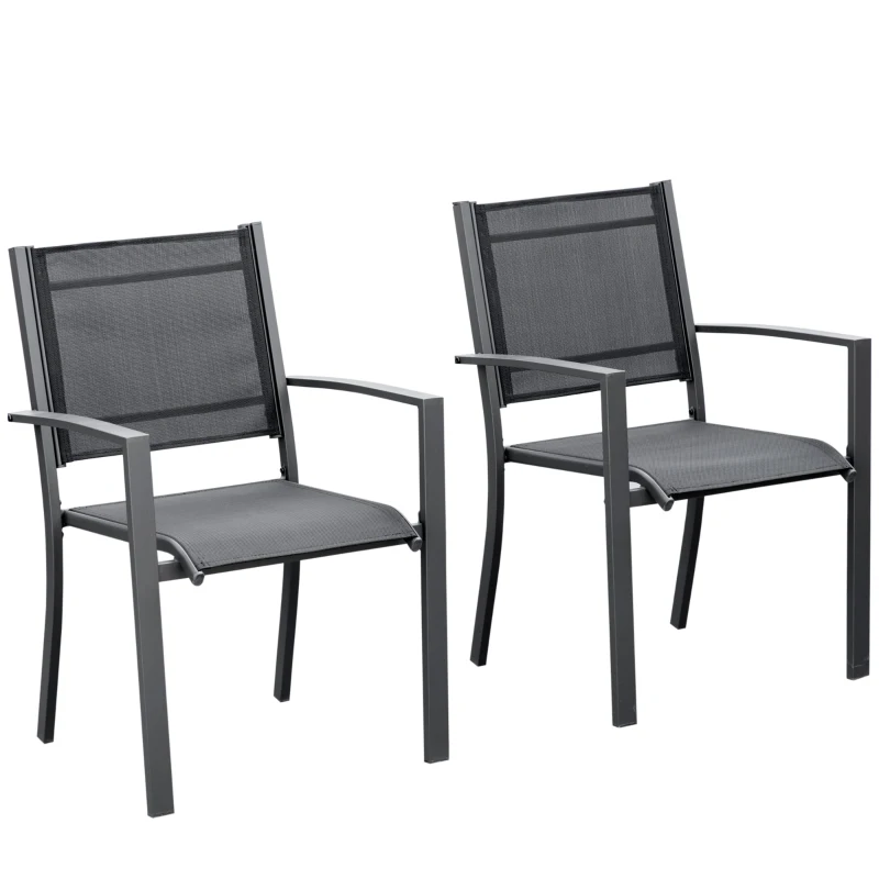 Outsunny Set of 2 Garden Chairs, Stackable Patio Dining Chairs with Mesh Seat, Steel Frame for Outdoor, Backyard, Dark Grey