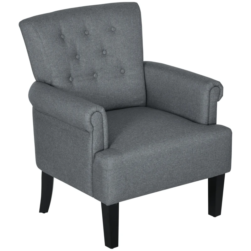 HOMCOM Armchair, Fabric Accent Chair, Modern Living Room Chair with Wood Legs and Rolled Arms for Bedroom, Grey