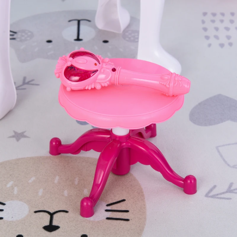 Qaba Infrared Remote Control Kids Vanity Set, Girls Pretend Dressing Table Set with Magic Wand, Music, Lightening, Cosmetic Mirror, Hair Dryer and Makeup Accessories