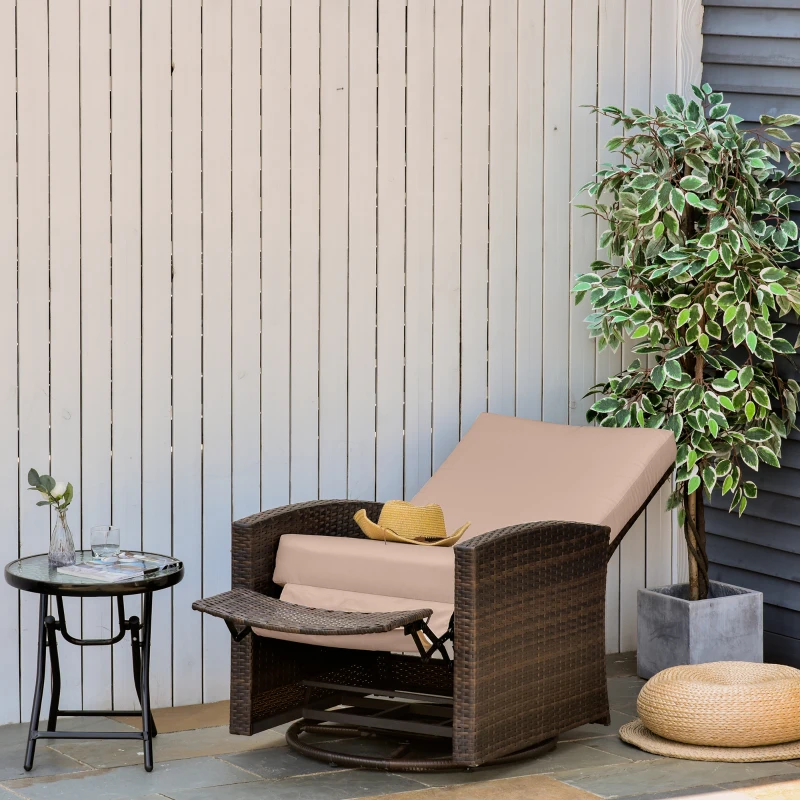 Outsunny Outdoor Wicker Swivel Recliner Chair, Reclining Backrest, Lifting Footrest, 360° Rotating Basic, Water Resistant Cushions for Patio, Khaki