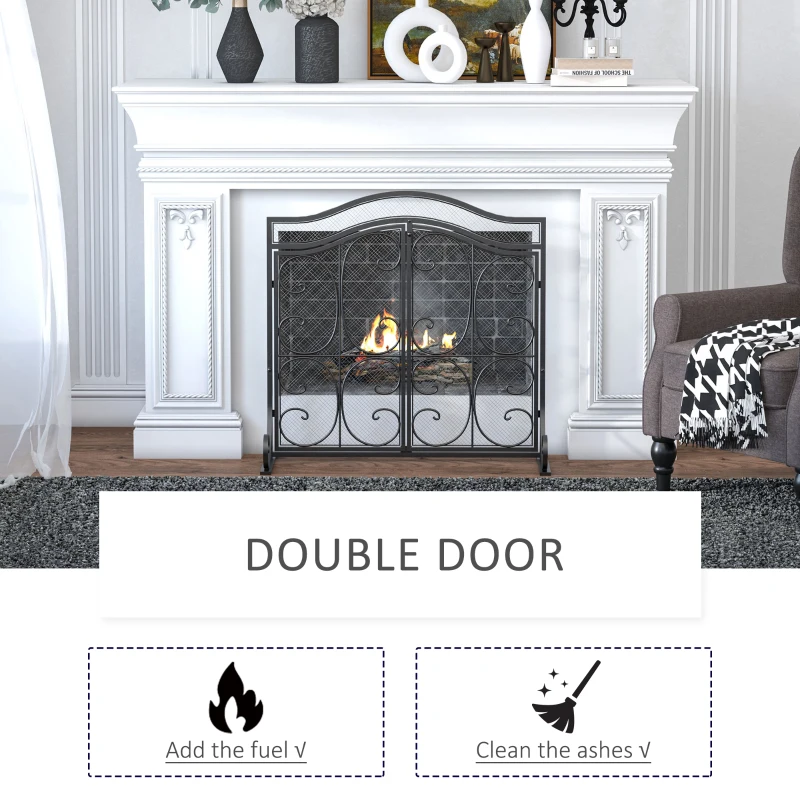HOMCOM 2-Panel Mesh Fireplace Screen Cover with Double Doors, Steel Fire Spark Guard Cover, 34x35in Art Modern Decoration for Living Room, Black