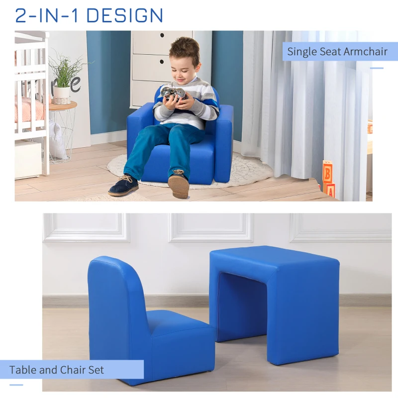 Qaba Kids Sofa, 2-in-1 Multi-Functional Toddler Table and Chair, Children Armchair Sturdy Couch for 3-9 Years Old, Blue