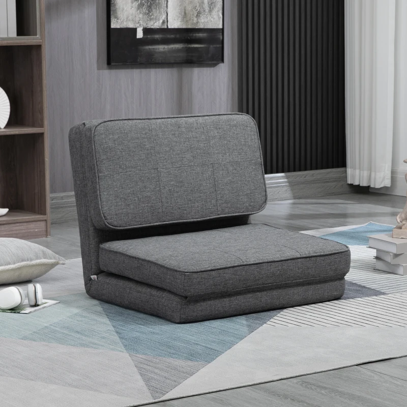 HOMCOM Convertible Flip Chair, Folding Upholstered Floor Sofa, Adjustable Guest Chaise Lounge, Dorm Bed with Metal Frame for Living Room and Bedroom, Dark Gray