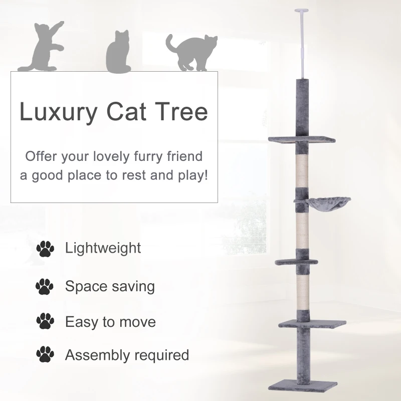PawHut 102" Adjustable Height Floor to Ceiling Cat Tree, 5 Level Cat Tower with Scratching Posts, Hammock, Gray