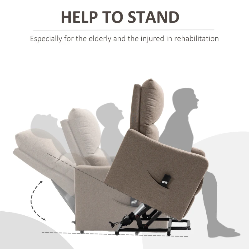 HOMCOM Electric Lift Recliner Chair Rising Power Chaise Lounge Fabric Sofa with Remote Control & Side Pocket for Living Room, Brown