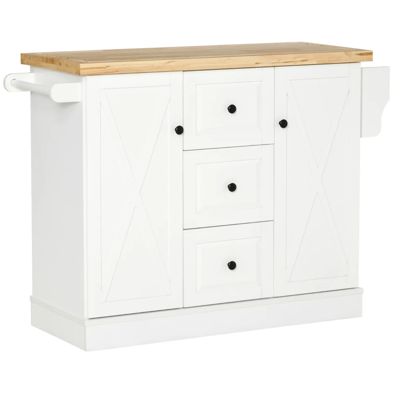 HOMCOM Modern Kitchen Island, Utility Cart on Wheels with Barn Door, Buffet Cabinet with 3 Drawers 2 Compartments, White