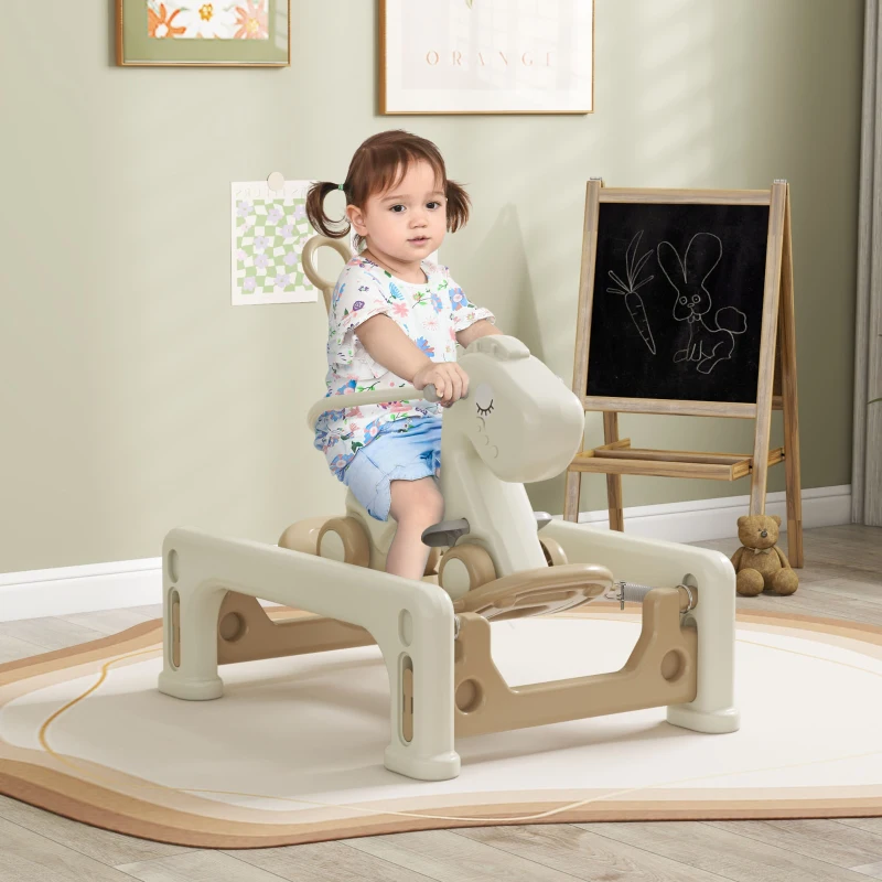 Qaba 5 in 1 Rocking Horse for Toddlers 1-6 Years with Detachable Balance Board, Push Handle, Footrest, Cream White