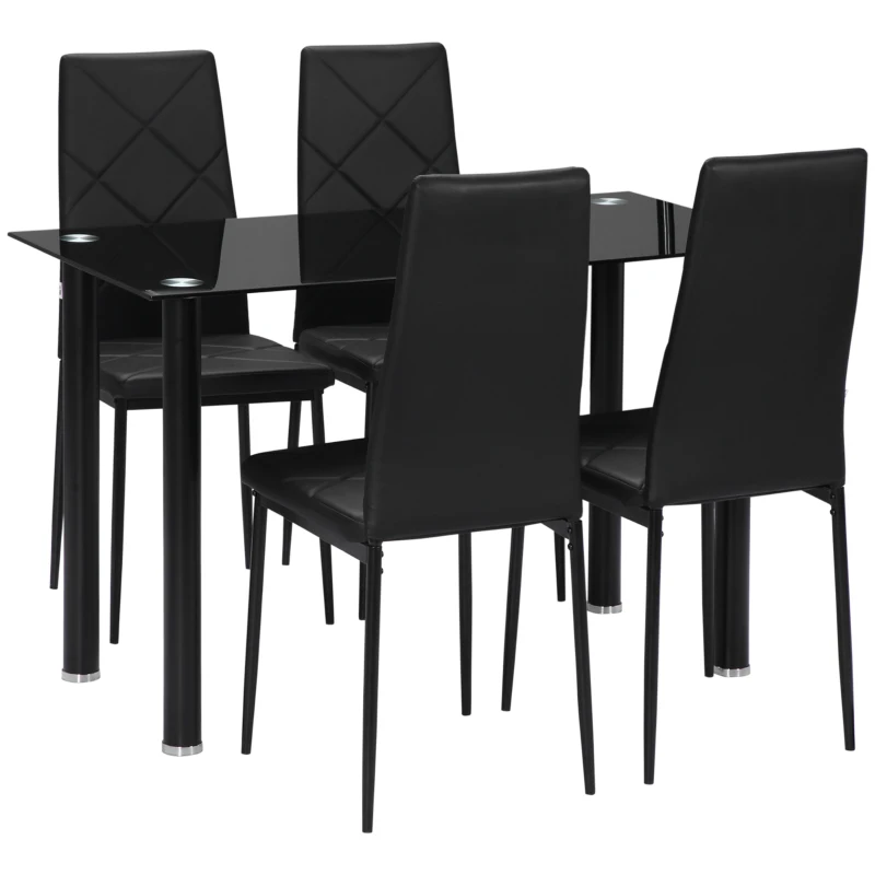 HOMCOM Dining Table and Chairs Set for 4, Modern 5 Pieces Kitchen Table Set with Glass Table, Padded Seat and Steel Frame