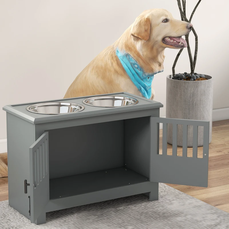 PawHut Dog Food Storage Cabinet with Bowls & Dog Feeding Station, Gray
