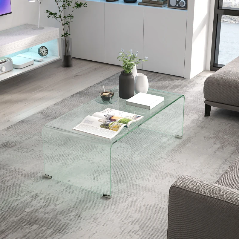 HOMCOM Glass Coffee Table, Clear Coffee Table for Living Room, Modern Rectangle Center Table with Safe Rounded Edges