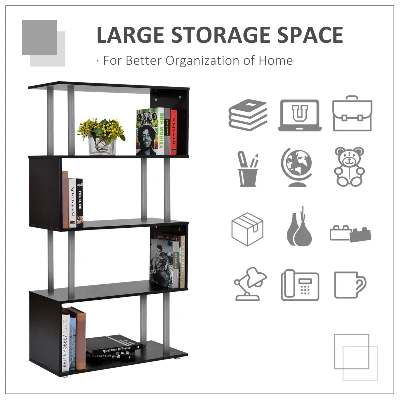 HomCom Modern S-Shaped 5 Tier Room Dividing Bookcase Wooden Storage Display Stand Shelf - Black