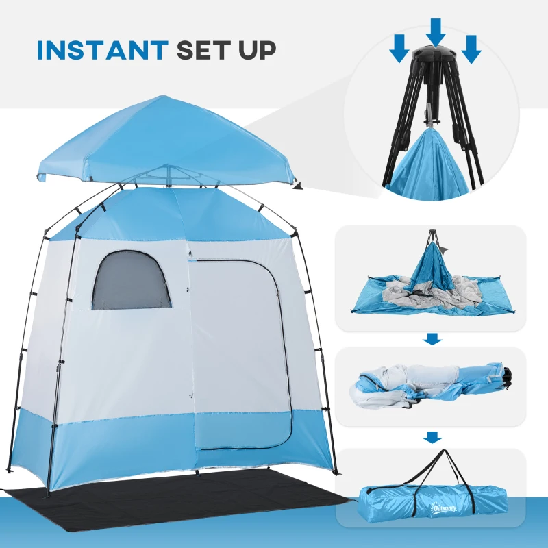 Outsunny Pop Up Shower Tent, Portable Privacy Shelter for 2 Persons, Changing Room with 2 Windows, 3 Doors, Carrying Bag, Grey and Blue