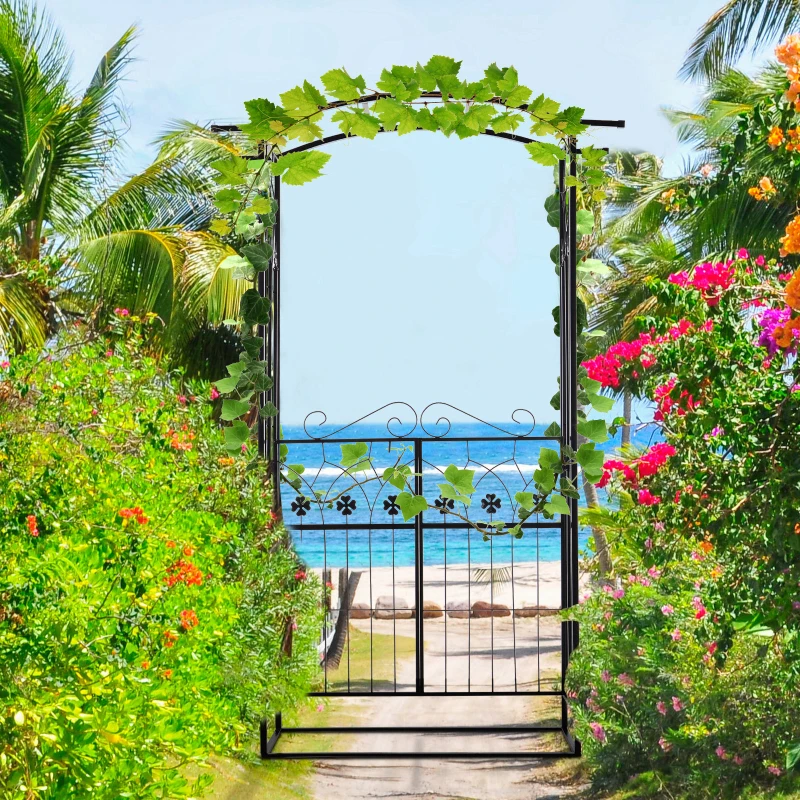 Outsunny 7' Metal Garden Arbor Arch with Lucky Leaf Clover Doors for Ceremony, Weddings, Party, Backyard and Lawn