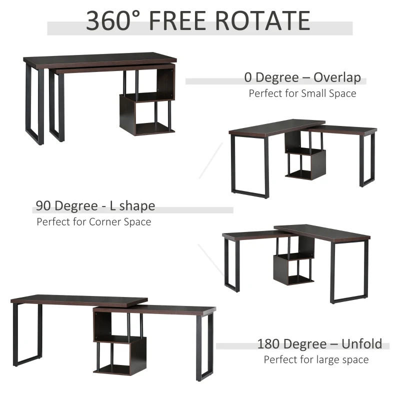 HOMCOM 55" 360 Degree Rotating Corner L-Shaped Computer Desk with Storage Shelves, Home Office Study Writing Workstation Modern Space-Saving Design, Coffee