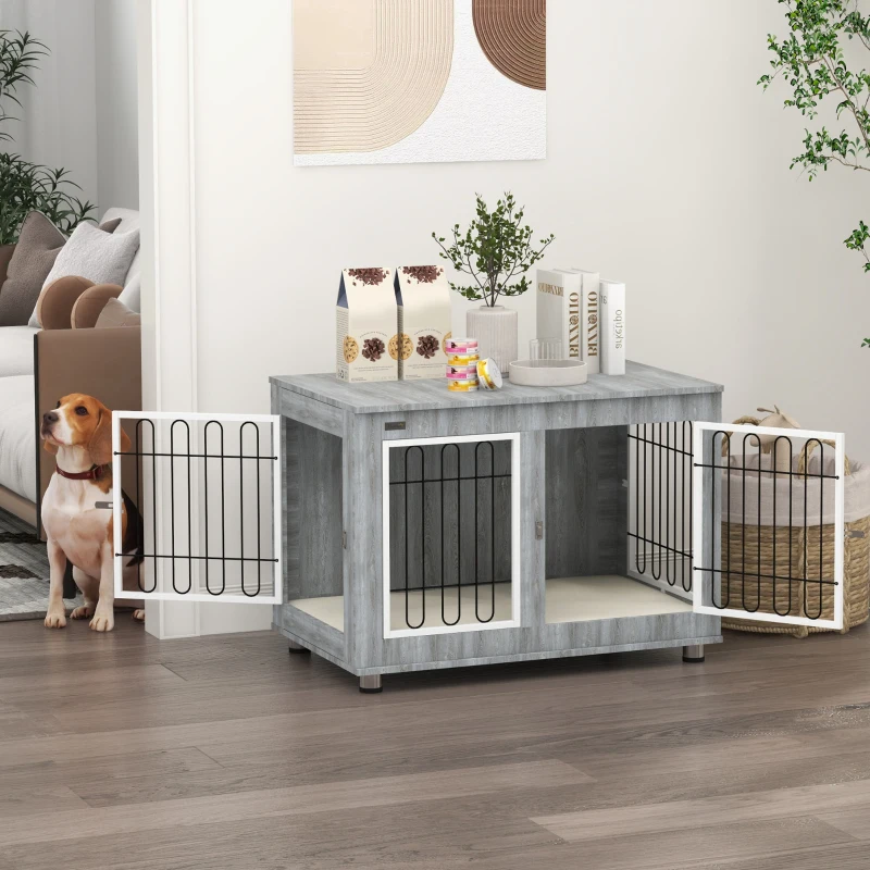 PawHut Pet Crate Side End Table for Indoor Use with Cushion, Double Doors, Grey