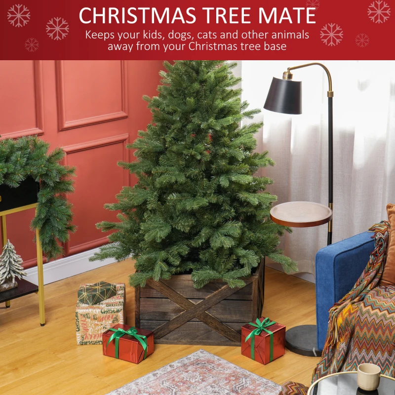 HOMCOM 24" Farmhouse Christmas Tree Base Cover Wooden Christmas Tree Collar Box Home Decoration, Dark Distressed Wood Finish