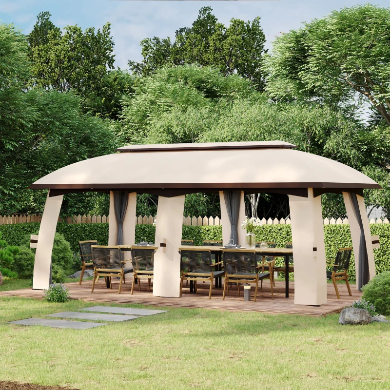 Outsunny 10' x 20' Patio Gazebo, Outdoor Gazebo Canopy Shelter with Netting & Curtains, Vented Roof for Garden, Beige