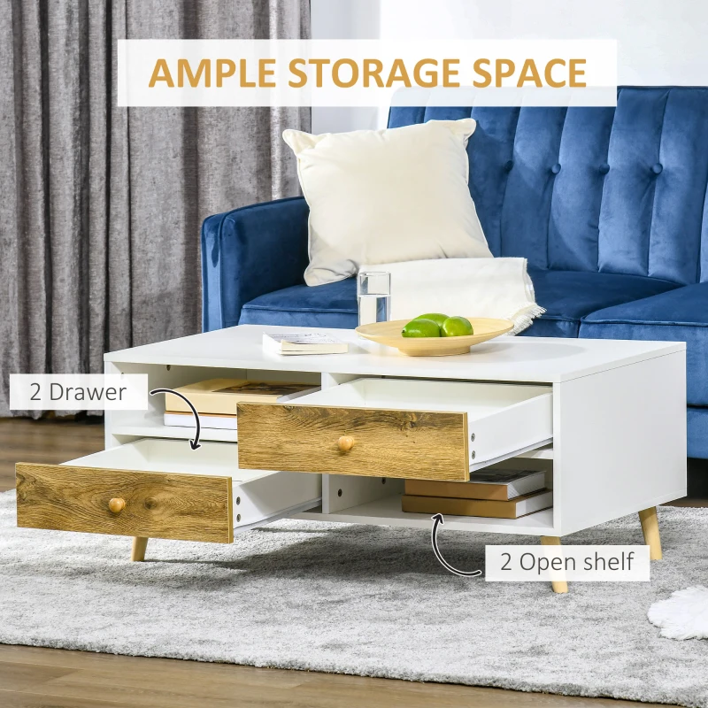 HOMCOM Coffee Table with Drawers and Shelves, Rectangular Center Table for Living Room, Bedroom, White and Brown