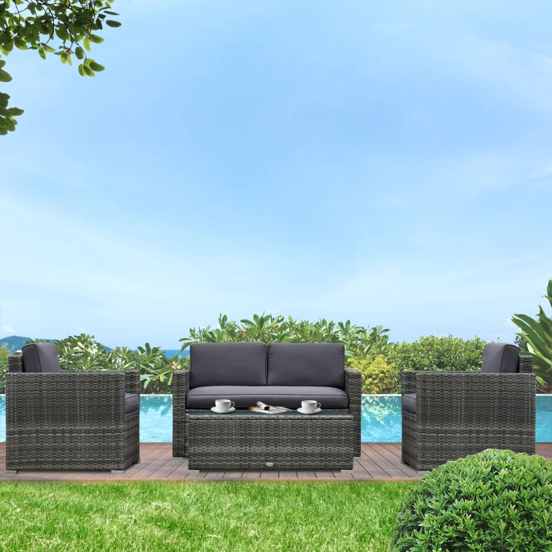 Outsunny 4 Piece Wicker Patio Furniture Set with Cushions, Outdoor Sectional Furniture with 2 Sofa, Loveseat, and Glass Top Coffee Table, Conversation Sofa Sets for Garden, Gray