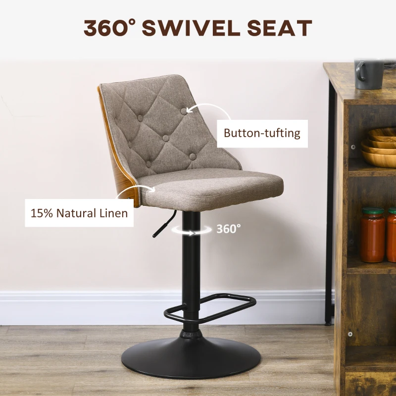 HOMCOM Counter Height Bar Stools Set of 2 with Solid Wood Back, Height Adjustable Swivel Barstools, Button Tufted Linen Fabric Bar Chairs with Footrest, Brown