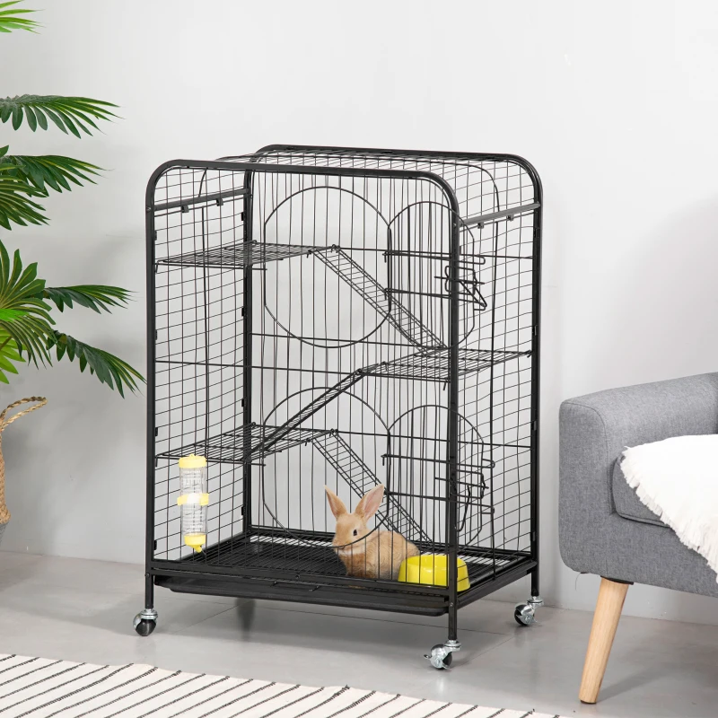 PawHut Rolling Small Animal Cage 36.6" Pet Rabbit Ferret Playpen, Animal Supply Kit Metal Black for Bunny, Pet Mink, Chinchilla