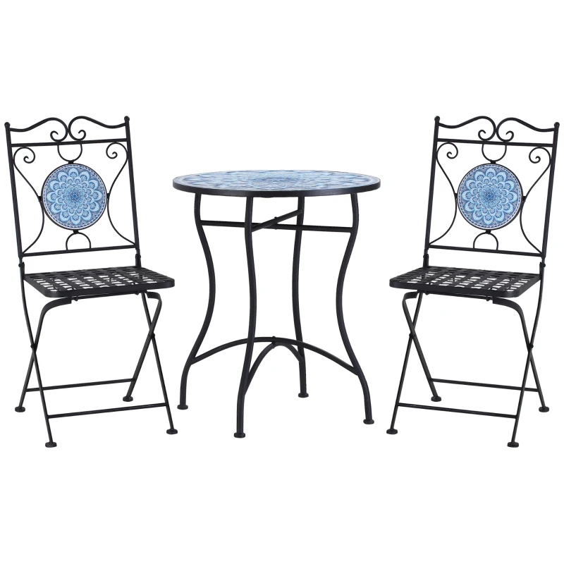 Outsunny 3-Piece Outdoor Bistro Set Garden Coffee Table Set with Mosaic Top for Patio, Balcony, Poolside, Black