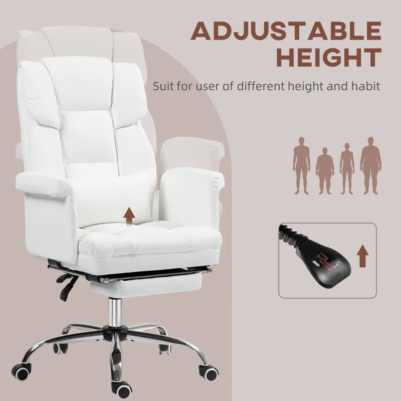 HOMCOM Executive Office Chair with Footrest and Lumbar Support, PU Leather Desk Chair, Ergonomic, Reclining and Swivel, White