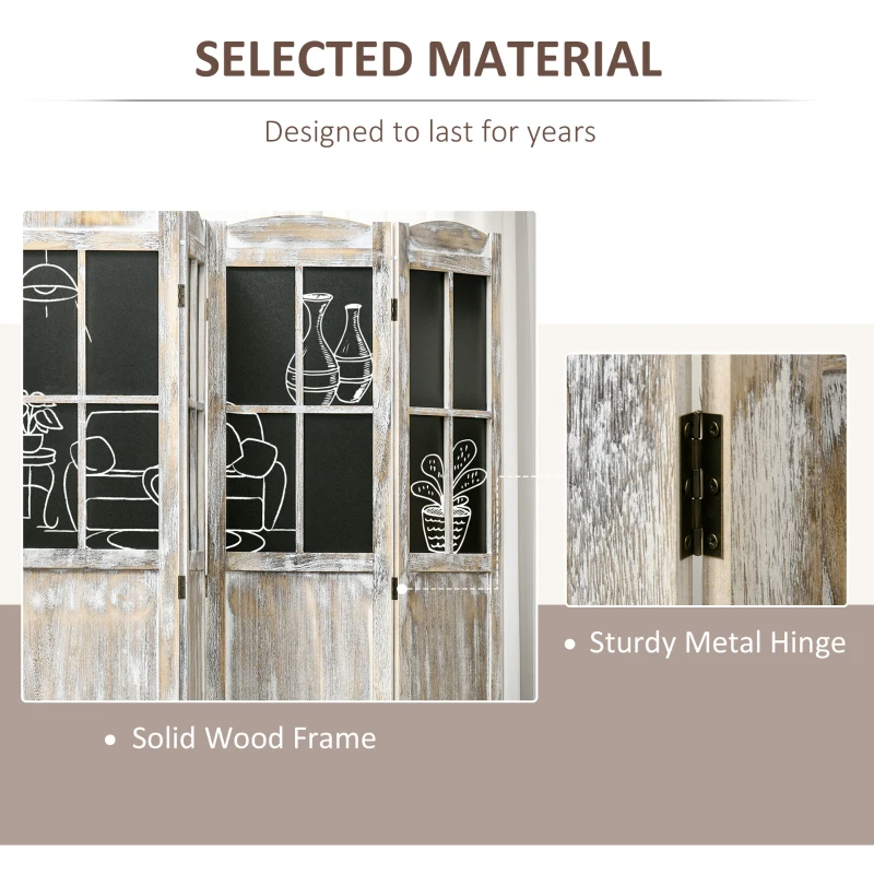 HOMCOM 4 Panel Room Divider, 5.6' Tall Farmhouse Style Folding Indoor Portable Wood Privacy Screen with Black Boards, Hinged Freestanding Partition Wall Dividers for Home Office, Natural