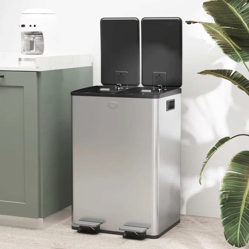 HOMCOM Dual Garbage Bin with Foot Pedal - 2 x 28 Litre Garbage Can with Removable Inner Buckets, Silver